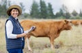 Farm, cow veterinary and portrait of woman with clipboard for inspection, checklist and animal wellness. Agriculture Royalty Free Stock Photo