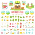 Farm creator. Big set of vector farming elements and animals background. Cartoon illustartion Royalty Free Stock Photo