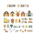 Farm creator with farmhouses, tractors, greenhouses, pets, trees and etc