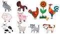 Farm cute animal set: cow, horse, sheep. Famili with hen, rooster, chick. Vector illustration with pig, donkey, goat in Royalty Free Stock Photo