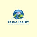 Farm dairy logo. Landscape with farmhouse and a garden in a circle with curls and beautiful letters.