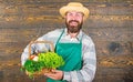 Farm delivery service deliver fresh vegetables. Fresh organic vegetables in wicker basket. Man bearded farmer presenting Royalty Free Stock Photo