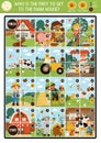 Farm dice board game for children with cute animals and kids farmers. Boardgame with country scenes and square fields. Rural