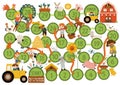 Farm dice board game for children with cute animals and kids farmers. Countryside boardgame with tractor, animals. Rural country