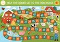 Farm dice board game for children with village landscape. Countryside boardgame with barn, garden. Rural country activity or