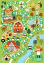 Farm dice board game for children with village map. Countryside landscape boardgame. Rural country activity or printable