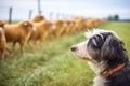 farm dog watching over a mixed herd in a fenced field