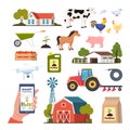 Farm elements. Farm buildings, domestic animals, transport, inventory. Scenes and elements on farm theme. Smartphone with app for