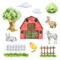 Farm elements hand drawn set. Red barn, fence, chick, lamb, bunny, tree and bush elements. Watercolor illustration. Farm