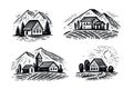 Farm emblem set. Rural landscape with houses and fields. Vineyard vector illustration Royalty Free Stock Photo