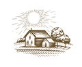 Farm emblem sketch. Agriculture, farming, village vintage vector illustration