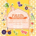 Farm equipment elements on background poster in sticker style design. Instruments, flowers, vegetables, fruits, hay, building,