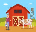 Farm and Farmer with Cow, Vector Illustration Royalty Free Stock Photo