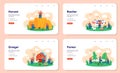 Farm, farmer web banner or landing page set. Farmers working on the