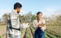 Farm, farmer and woman with clipboard for agriculture, sustainability and organic produce inspection. Farming, small