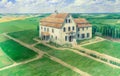 Farm, Farmhouse in the field. Generative AI