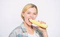 Farm On. Farming, farmer girl with maize. corn crop. vitamin and dieting food. Happy woman eating corn. vegetable Royalty Free Stock Photo