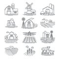 Farm and farming fields linear vector icons on white background. Farming and agriculture life concept