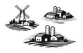 Farm, farming label set. Farmhouse, windmill, agribusiness, agricultural industry icon or logo. Vector illustration