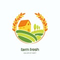 Farm and farming logo, label, emblem design. Illustration of wheat fields