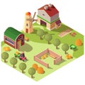 Farm farmyard with outbuildings isometric vector