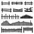 Farm fence silhouettes. Ranch wooden fences isolated, rural timber country backyard old black fencing vector Royalty Free Stock Photo