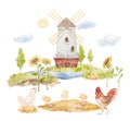 Farm Field Clipart, Chicken with Chickens Watercolor Clipart, Farm Mill Illustrations