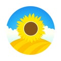 Farm field with Sunflower - Vector emblem round form of landscape with cartoon style with blue sky and sun flower.