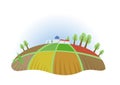 Farm field with trees and houses, fisheye view. Farming, ecotourism, kibbutz. Colorful flat vector illustration