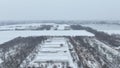 Farm field winter drone aerial snow frost greenhouse foil bio cauliflower leaves leaf Brassica oleracea land crop