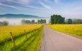 Farm fields along a country road on a foggy morning in the Potomac Highlands of West Virginia.