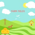 Farm fields landscape. Cartoon green field of sowing.