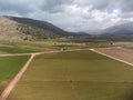 Farm fields with rows of green lettuce salad. Aerial view on agricultural valley Zafarraya with fertile soils for growing of Royalty Free Stock Photo