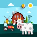 Farm fith Cow, Barn, Windmill and Tractor Vector Royalty Free Stock Photo