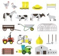 Farm flat icons set with livestock and agricultural tools isolated