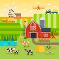 Farm flat vector landscape. Organic food concept for any design. Farm landscape illustration, banner, background with Royalty Free Stock Photo