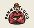 Farm food logo. Farmer, organic products emblem vector illustration