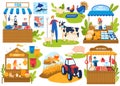 Farm food market vector illustration set, cartoon flat street seller vendor farmer people sell fresh meat or fish