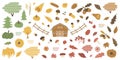 Farm forest isolated autumn elements set. Barn acorn boletus, fly agaric, viburnum, leaves maple, oak corn pumpkin nuts chestnuts