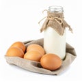 Farm Fresh Brown Eggs and Milk Bottle Wrapped in Burlap on White Background Royalty Free Stock Photo