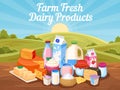 Farm fresh dairy products. Natural cow milk, cheese and yogurt in rural landscape with countryside field. Village