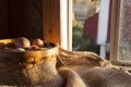 Farm fresh eggs in basket in coop Royalty Free Stock Photo