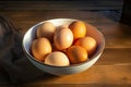 Farm Fresh Eggs in a bowl, displayed on a rustic wooden table Royalty Free Stock Photo