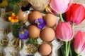 Farm Fresh Eggs, Chicken, Flowers, Countryside Farm Product, Homestead, Marigold,Homesteading, Farming. Royalty Free Stock Photo