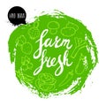 Farm fresh hand written phrase with vegetables on stylized green rough circle. Line icons of veggies.