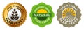 Farm fresh natural round badge stamp label sticker design green gold with leaf and raising sun shine Royalty Free Stock Photo