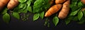 Farm Fresh Sweet Potato with Natural Leafy Greens, Overhead Composition, food background, Ai generative