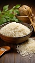 Farm freshness Jasmine white rice in wooden bowl exudes natural charm