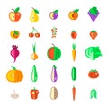 Farm fruits and vegetables flat vector icons set