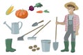 Farm Garden inventory set items elements, farmer man and vegetables harvest yield. Beets carrots corn pumpkin potatoes